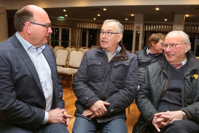 Professor Nigel Scollan (left) Director of the Institute for Global Food Security, and guest speaker at Fermanagh Grassland Club, chatting with club members Ivan Kettyle, Maguiresbridge and  Mervyn Simpson, Brookeborough.