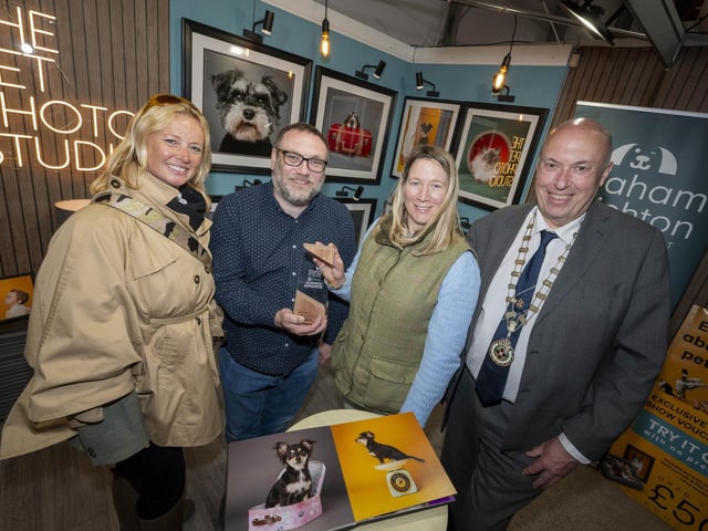 The award for the Best Trade Stand Under 50sqm was presented to Graham Crichton Photography, Belfast. Left to right: Judges Amanda Day and Corrie Ince join proud winner Graham Crichton alongside RUAS President David Cunningham.
