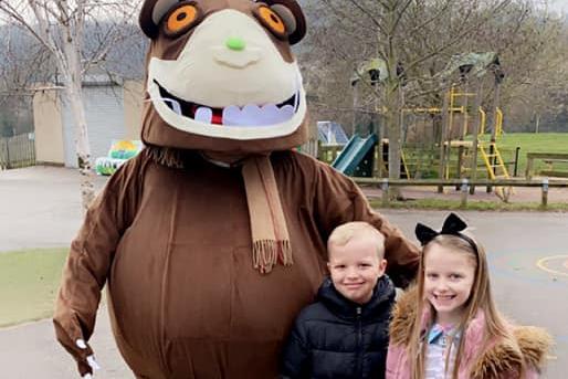 Thomas Duke, aged nine and Chantelle Hopkinson, aged eight met The Gruffalo - also known as Sparken Hill Academy's head teacher Mr Lilley - as they went to school on World Book Day.