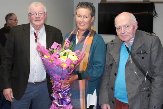 Former Castlewellan Show Secretary, Jackie Fitzpatrick (centre), officiated at the election of office bearers. Brian Lockhart (left) was elected to the position of chairman with Tommy Collins (left) continuing as president.