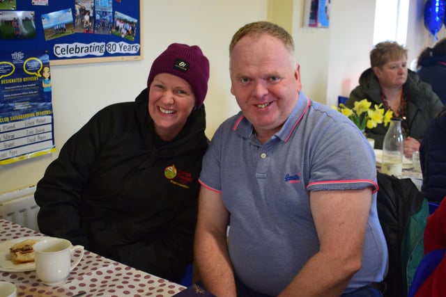 Hilary Bell and Brian Robson at the big breakfast which was held by Holestone YFC. Picture: Holestone YFC