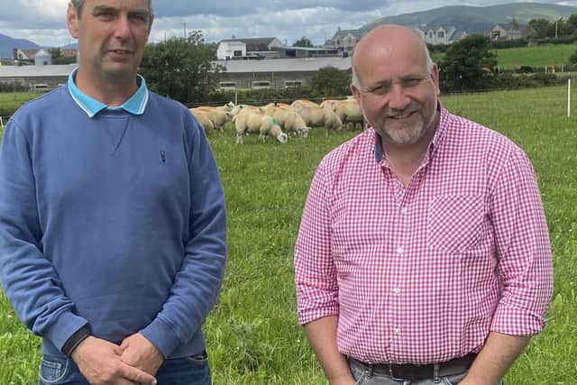 Host farmer James Henderson pictured with UGS President David Linton discussing the forthcoming visit to his farm at Kilkeel. Pic: UGS