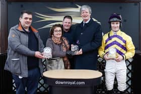 Gamigin takes victory in the third race, ridden by Gavin Brouder. Noel Kelly, Anne and Sean Muldoon, and jockey Gavin Brouder accept awards from Michael Roden. (Photo by Philip Magowan / Press Eye)
