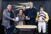 Gamigin takes victory in the third race, ridden by Gavin Brouder. Noel Kelly, Anne and Sean Muldoon, and jockey Gavin Brouder accept awards from Michael Roden. (Photo by Philip Magowan / Press Eye)