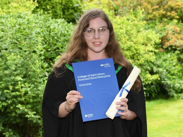Teresa O’Boyle (Toomebridge) graduated with a BSc (Hons) Degree in Horticulture at the Greenmount Campus ceremony. Teresa first studied on the Level 2 in Horticulture and has progressed through the courses over the years to now attain a Second Class, First Division Honours Degree. Congratulations Teresa, you are a fine example of how CAFRE students can grow and develop their knowledge and skills. Pic: CAFRE