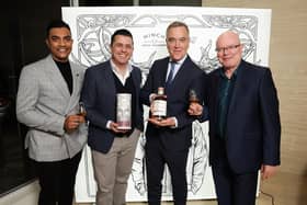 Kyllin Vardhan and Michael Morris from Hinch Distillery are pictured with friend of Hinch James Nesbitt and event host Pete Snodden