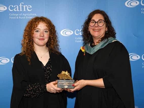 Anna McLoughlin (Ballymena) received the Ronnie Cameron Perpetual Award presented by ALCI for landscape design project work at the Greenmount Graduation Ceremony. Anna who completed the Level 3 Advanced Technical Extended Diploma in Horticulture received her award from Lori Hartman (Senior Lecturer, CAFRE). Anna qualified for the WorldSkills UK National finals in Edinburgh last year, achieving second place. Anna was the first female from CAFRE to compete in Landscape Gardening and the only female competitor for WorldSkills UK Landscape Gardening in 2022. Pic: CAFRE