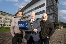 Mayor of Causeway Coast and Glens, Councillor Steven Callaghan, Luke McCloskey, NWRC Limavady Campus Manager and Marc McGerty, Causeway Coast and Glens Labour Market Partnership Manager promoting the KickStart IT programme.