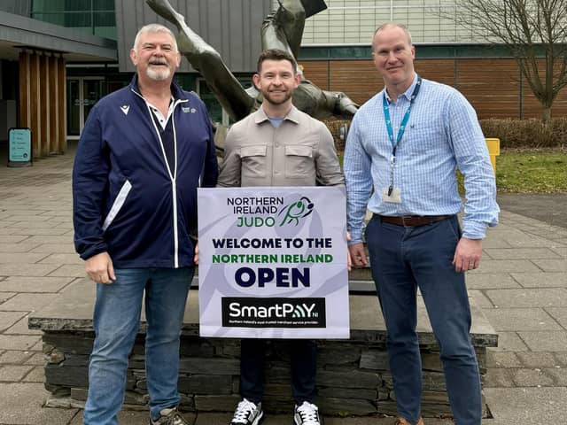 Russell Brown, Chair NI Judo, Marc McLaughlin, SmartPay NI, and Leisure and Sport Operations Manager at DCSDC Steve Setterfield.