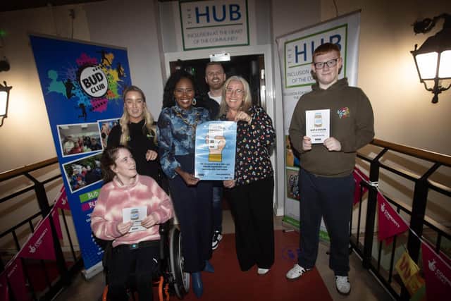Mayor Lilian Seenoi-Barr at the Bud Club with Catriona Porter, Access and Inclusion Officer, DCSCC, and from left, Amy Harkin, Zara May McDaid, Gavin Melly and Matthew McLaughlin, Bud Club. Photo: Jim McCafferty Photography