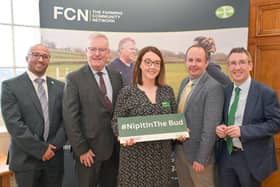 Photograph shows from L to R: Anton Morgan-Thorne (Macmillan Communities Manager), Mike Nesbitt (Health Minister), Caitriona Crawford (FCN National Manager, Northern Ireland), Dr Jude McCann (FCN Chief Executive Officer), Andrew Muir (Minister of Agriculture, Environment and Rural Affairs). (Pic: Simon Graham)