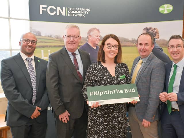 Photograph shows from L to R: Anton Morgan-Thorne (Macmillan Communities Manager), Mike Nesbitt (Health Minister), Caitriona Crawford (FCN National Manager, Northern Ireland), Dr Jude McCann (FCN Chief Executive Officer), Andrew Muir (Minister of Agriculture, Environment and Rural Affairs). (Pic: Simon Graham)