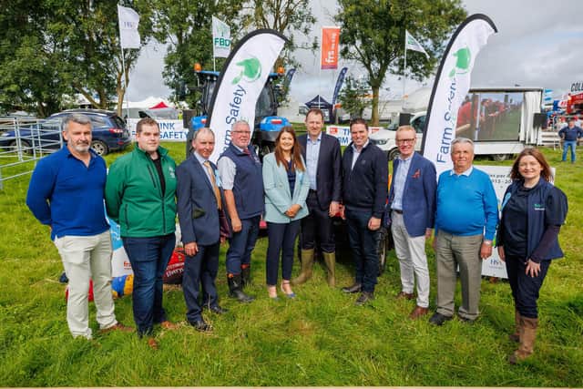 At the official launch of Farm Safety Live at the Tullamore show 2023 are FRS farm safety demonstrators and Department of Agriculture Minsters (L to R) Ian Cosgrove, Pat Reilly, Minister for Agriculture Food and the Marine, Charlie McConalogue and Minster for State with special responsibility for farm safety, Martin Heydon and Vincent Nally. Pic: Jeff Harvey