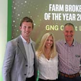 Gareth McAllister and Noel Gibson from GNG Credit Ltd, received the 2023 UK Farm Broker Of The Year Award from Rochelle McIntyre at the recent BNP Paribas Broker Conference, held in Birmingham.