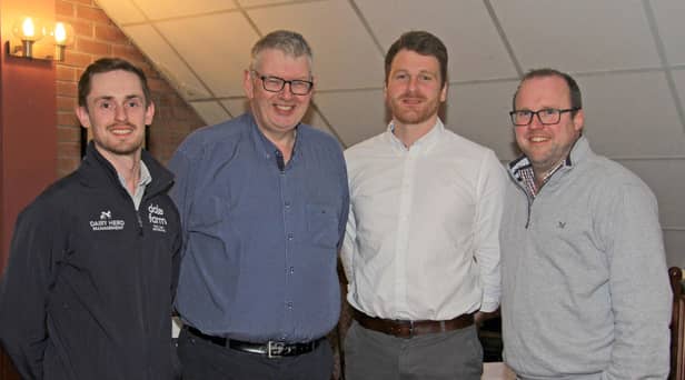 David Patterson, left, Dairy Herd Management, sponsor, is pictured at Holstein NI’s AGM with secretary/treasurer John Martin; Jonny Lyons, chairman; and Paul Dunn, vice-chairman. Picture: Julie Hazelton