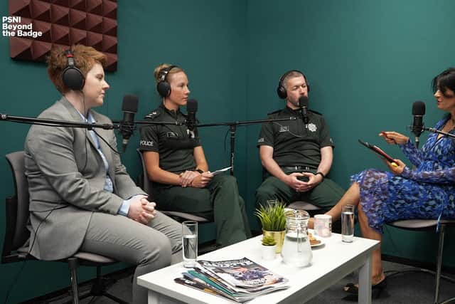 CAPTION: Pictured with PSNI Beyond the Badge host Lata Sharma are this week’s guests (from left) Detective Inspector Rebecca Hedley, Neighbourhood Inspector Róisín Brown and Superintendent Brendan Green.