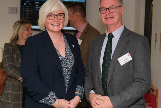 Oonagh Chesney, Fane Valley  chats to Ciaran Hamill, Chair, Northern Ireland Nuffield Farming Association at the Nuffield Farming 2024 annual conference launch at AFBI Hillsborough. Photograph: Columba O'Hare/ Newry.ie