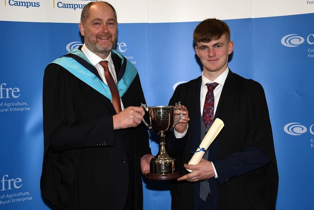 Deane McCoy (Smithborough) was presented with the Redrock Cup at the Graduation Ceremony at Greenmount Campus, by William Richmond (Land-based Engineering Lecturer, CAFRE). Deane received the award for best overall engineering student on the Level 3 Advanced Technical Extended Diploma in Land-based Engineering course