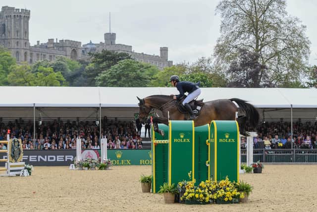Bertram Allen steers Pacino Amiro bred in Lifford by Simon Scott, into third place for 75,000 euro in the Royal Windsor Horse Show Rolex 500,000 euro Grand Prix. Picture by Peter Nixon.