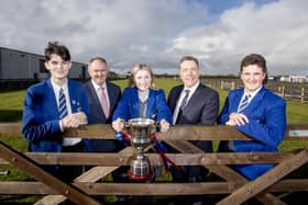 St Killian’s College Carnlough ABP Angus Youth Challenge Overall Winners, from left, Alex McAlister, Emma Mitchell and Peter Agnew with Charles Smith Certified Irish Angus and George Mullan Managing Director of ABP in Northern Ireland. Pic: McAuley Multimedia