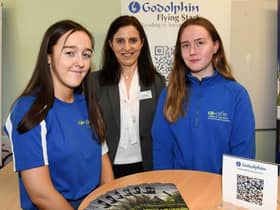 CAFRE Enniskillen Campus Level 3 students Aisling Moohan (Frosses, Donegal) and Amy Murphy (Ballymena) gain insight into the Thoroughbred industry with Ciara Devitt, Godolphin.