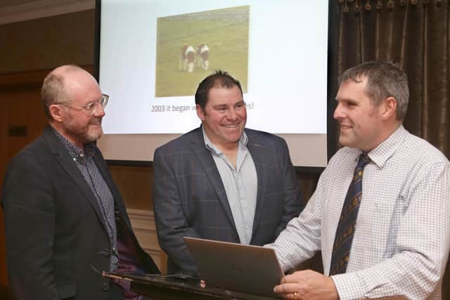 Steven Sandison (right) a suckler and sheep farmer from Orkney, and guest speaker at Fermanagh Grassland Club, with William Johnston (left) club secretary and Roland Graham, chairman. Pic: Raymond Humphreys