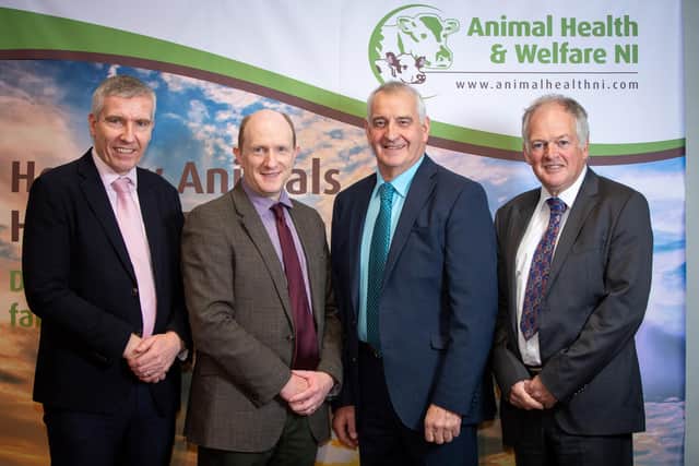 Left to right: Ian Stevenson, Chief Executive, LMC;  AHWNI CEO Dr Sam Strain and Chairman John Thompson; Chief Veterinary Officer Dr Robert Huey, DAERA