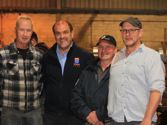 Sale sponsor Ian Cummins, Irwins Feed, with Noel McCarragher, Armagh; Andrew Magowan, Rathfriland; and Jeremy Pearce, Newry. Picture: Julie Hazelton
