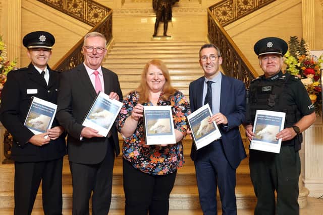 Left to right:  NIFRS Assistant Chief Fire & Rescue Officer Marcus Wright, Health Minister Mike Nesbitt, Justice Minister Naomi Long, DAERA Minister Andrew Muir and PSNI Superintendent Chris Hamill launch the publication of the Wildfires in Northern Ireland Strategic Framework.