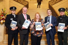 Left to right:  NIFRS Assistant Chief Fire & Rescue Officer Marcus Wright, Health Minister Mike Nesbitt, Justice Minister Naomi Long, DAERA Minister Andrew Muir and PSNI Superintendent Chris Hamill launch the publication of the Wildfires in Northern Ireland Strategic Framework.