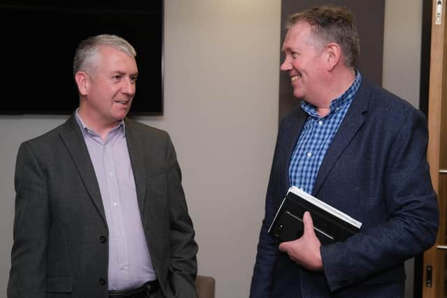 Conall Donnelly, NIMEA and David Gibson, Moy Park have a chat at the Northern Ireland Food Chain Certification AGM. Photograph: Columba O'Hare/ Newry.ie