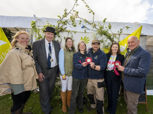 Horatio’s Graden and the Horticulture Hub Pavilion were highly commended for their stand within the 2026 Balmoral Show trade stand awards. Left to right: Judges Amanda Day and Corrie Ince joined RUAS President David Cunningham alongside Matthew Lee and Lucinda Kinnaird from Horatio’s Garden and RUAS Horticulture Committee Chair and Deputy Chair, Pat Erwin and Adrian McGowan.