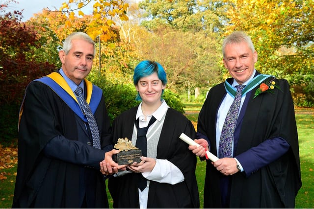 Kelcy Blair (Ballyclare) received the Ronnie Cameron Perpetual Award presented by ALCI for landscape design project work at the Greenmount Campus autumn graduation event. Kelcy, a Level 3 Advanced Technical Extended Diploma in Horticulture graduate was congratulated by Martin Wooster (CAFRE Lecturer) and Paul Mooney (Head of Horticulture, CAFRE).