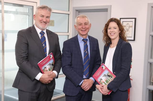 Ai Services' Group Chairman, Robin Irvine, (centre) with Chief Executive Officer, Larry Burke, and Group Scientist, Dr Debbie McConnell. Pic: McAuley Multimedia