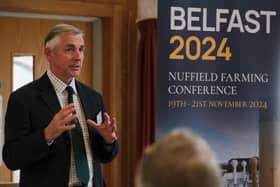 Rupert Alers-Hankey, UK Director Designate, Nuffield Farming Scholarships talking at the Nuffield Farming 2024 annual conference launch at AFBI Hillsborough. Photograph: Columba O'Hare/ Newry.ie