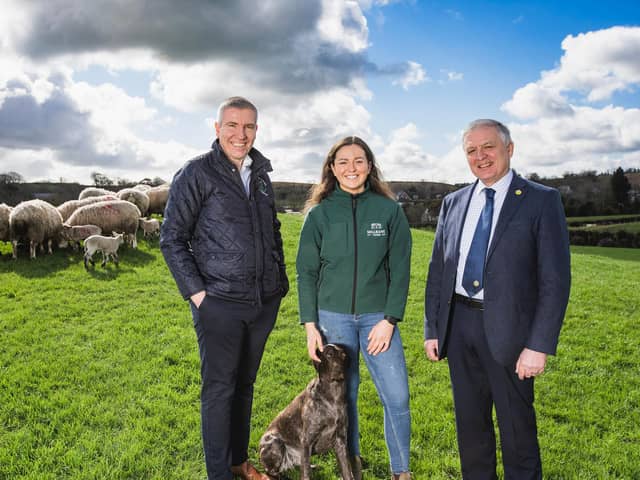 Pictured are Ian Stevenson, chief executive of the LM , Emily McGowan from Millbank Farm and William Irvine, UFU