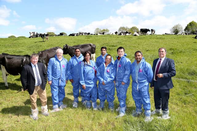 Pictured from left are Ian McCluggage, Head of Dairy at the Greenmount Campus of the College of Agriculture, Food and Rural Enterprise (CAFRE), and Mike Johnston, CEO of Dairy Council for NI, pictured with a group of overseas buyers from Taiwan, Kuwait and the United Arab Emirates at CAFRE.