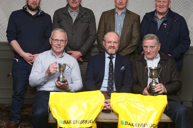 Prizewinners in Fermanagh Grassland Club's 2023 Barenbrug Uk Ltd. sponsored silage competition.  They are (front, from left) John Egerton, who received the Hermon Cup on behalf of his son William; William Johnston, judge for the competition; Bertie Elliott, winner of the Tisdall Cup (back row) Kyle Beacom who received the award on behalf of Lee Beacom; Roy Mayers, Gary Giles and Abraham Veitch. Pic: Raymond Humphreys