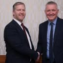Northern Ireland Grain Trade Association, Immediate Past President, Patrick McLaughlin, right, congratulates Gary McIntyre, the new NIGTA President at their AGM. Photograph: Columba O'Hare/ Newry.ie
