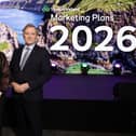 Alice Mansergh, Chief Executive of Tourism Ireland; Minister Dr Caoimhe Archibald, Department for the Economy; and Christopher Brooke, Chairman of Tourism Ireland, at the launch of Tourism Ireland’s 2026 marketing strategy and plans in Belfast. Photo William Cherry/Presseye