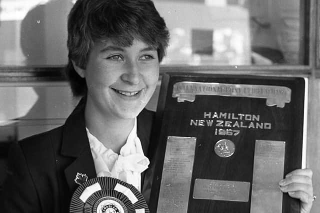Pictured in October 1981 is Nicola Fitzgerald from Crumlin who is seen with the Inter-Pacific Pony Club Exchange Trophy which she helped the British Pony Club, of which she was the only NI member, to win in Canada. Nicola was a member of Killultagh Pony Club. Picture: Farming Life archives/Darryl Armitage