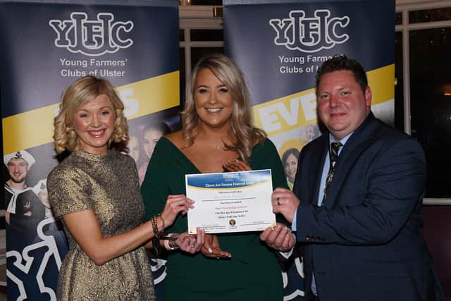 Grace Wilkinson, Moycraig YFC, who won most promising actress in the three act competition with YFCU president, Stuart Mills and NFU Mutual representative, Lauren Hamilton