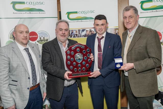 Pictured at the presentation of the Teagasc Professional Diploma in Dairy Farm Management at Teagasc Moorepark, Fermoy, Co Cork, are (left to right) Aidan Foley, Irish Farm Managers Association (sponsor), John O'Brien, Master Farmer, Conor Wynne, Newbridge, Co Kildare, receiving the Student of the Year award, and Jerry Twomey, Irish Farm Managers Association. Picture: O'Gorman Photography