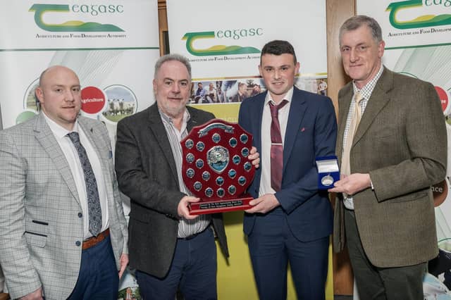 Pictured at the presentation of the Teagasc Professional Diploma in Dairy Farm Management at Teagasc Moorepark, Fermoy, Co Cork, are (left to right) Aidan Foley, Irish Farm Managers Association (sponsor), John O'Brien, Master Farmer, Conor Wynne, Newbridge, Co Kildare, receiving the Student of the Year award, and Jerry Twomey, Irish Farm Managers Association. Picture: O'Gorman Photography