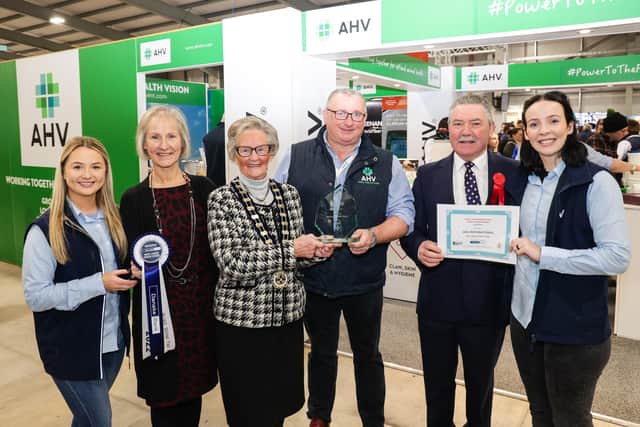 The Reserve Best Large Trade Stand at the 36th Royal Ulster Winter Fair in association with sole sponsor Danske Bank was awarded to AHV International. Pictured on the day were Aimee McConnell, Danske Bank’s Elaine Alderdice, RUAS President Christine Adams, Paul Marrs and Aloisia Loughran. Picture: Brian Thompson