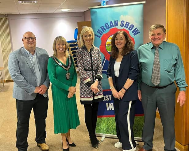 Pictured at the show launch are, from left: Cllr Peter Haire; Lord Mayor Margaret Tinsley; Upper Bann MP Carla Lockhart; Michele Doran and Billy Gibson, Lurgan Show.