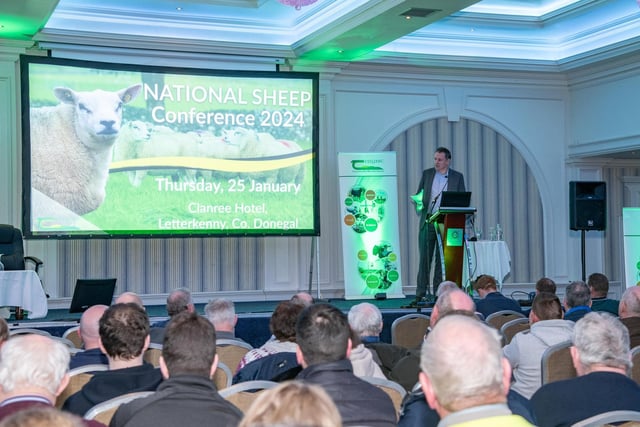 Charlie McConalogue, TD, Minister for Agriculture Food and the Marine at the Teagasc National Sheep Seminar in the Clanree Hotel Letterkenny on Thursday last. Photo Clive Wasson