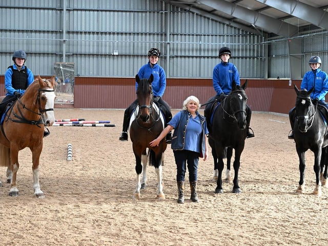 Students Zara Gifford (Ballyclare), Mia Berry (Carrickfergus), Leah Smyon (Donaghadee) and Erin Reid (Newtownards) and Equine lecturer Catherine Crawley demonstrated a polework lesson in the indoor arena at Enniskillen Campus.
