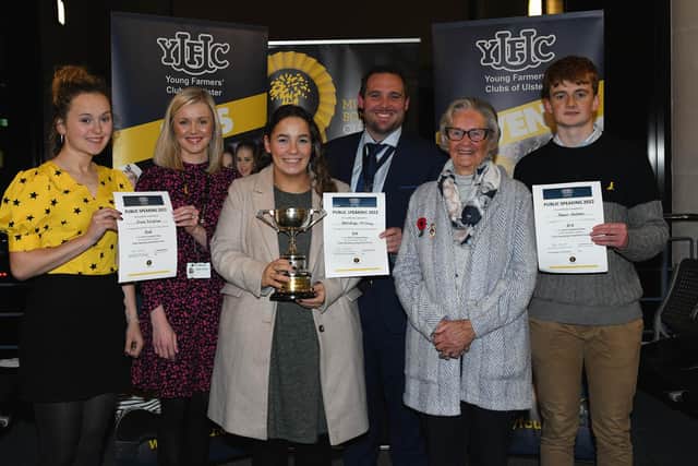 YFCU president Peter Alexander pictured with RUAS president, Mrs Christine Adams (right) and Lauren Hamilton, NFU Mutual Charitable Trust representative (left) along with winners from 18-21, prepared category (left to right), Grace Fullerton, Curragh YFC, Ashleigh McIlroy, Gleno Valley YFC, and Adam Gaston, Glarryford YFC