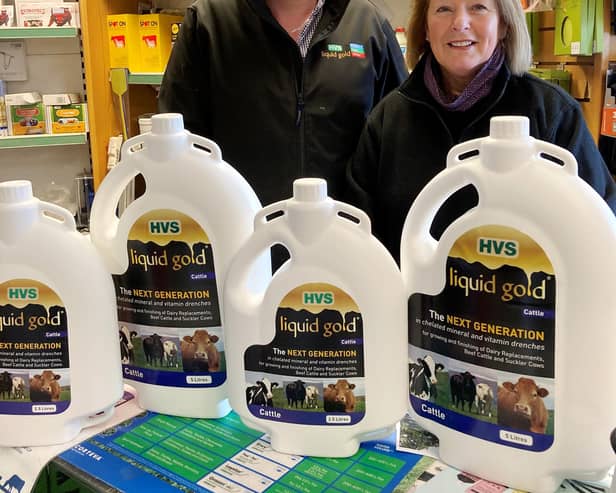 Brian Johnston and Noreen McMaster from Johnston Agri-supplies in Lisnaskea have stocked up with HVS Liquid Gold Cattle for turnout.